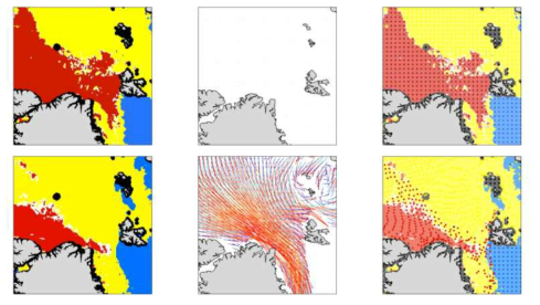 해빙 이동과 유형의 입자추적 결과에서 나타나는 해빙 유형 분류 결과의 불합리성 예시. (상단) 초기장, (하단) 8주간의 입자 추적 후, (좌) 해빙 유형 분류도, (중) 주적 해빙 이동 벡터장, (우) 입자 추적을 통한 해빙 유형의 분포도. 붉은색은 다년빙, 노란색은 단년빙, 파란색은 개빙수역을 나타냄