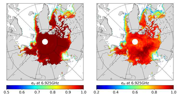 수동형 마이크로파 위성 GCOM-W1/AMSR2에서 관측한 밝기온도와 복사 전달모델 (RTTOV)를 활용하여 얻은 6.9GHz 밴드에서의 수직편파 방출율 (왼쪽)과 수평편파 방출율 (오른쪽)의 예
