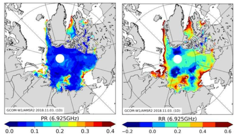 산출된 수직(V) 및 수평 (H) 편파 방출율에서 계산된 PR과 RR 지도의 예 (2018년 11월 3일)