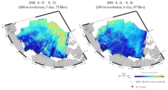 굽힘강도 산출식을 활용하여 제작한 북극 해빙 강도 지도 (2018년, 2019년)
