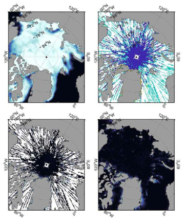 ICESat-2 활용 2019년 5월 평균 melt pond 탐지 결과. 왼쪽 위: 월평균 해빙 농도 (0 – 100%), 왼쪽 아래: 월평균 융빙호 비율 (0 – 100%), 오른쪽 위: 월평균 융빙호 탐지 (노란색: 융빙호, 초록색: 개빙수역, 파란색: 해빙), 오른쪽 아래: 내삽 기법 활용 월평균 융빙호 비율 (0 – 100%)