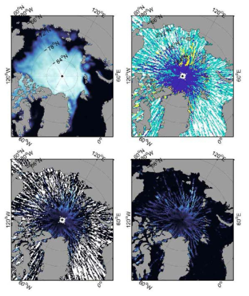 ICESat-2 활용 2019년 7월 평균 melt pond 탐지 결과. 왼쪽 위: 월평균 해빙 농도 (0 – 100%), 왼쪽 아래: 월평균 융빙호 비율 (0 – 100%), 오른쪽 위: 월평균 융빙호 탐지 (노란색: 융빙호, 초록색: 개빙수역, 파란색: 해빙), 오른쪽 아래: 내삽 기법 활용 월평균 융빙호 비율 (0 – 100%)