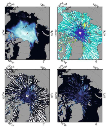 ICESat-2 활용 2019년 8월 평균 melt pond 탐지 결과. 왼쪽 위: 월평균 해빙 농도 (0 – 100%), 왼쪽 아래: 월평균 융빙호 비율 (0 – 100%), 오른쪽 위: 월평균 융빙호 탐지 (노란색: 융빙호, 초록색: 개빙수역, 파란색: 해빙), 오른쪽 아래: 내삽 기법 활용 월평균 융빙호 비율 (0 – 100%)