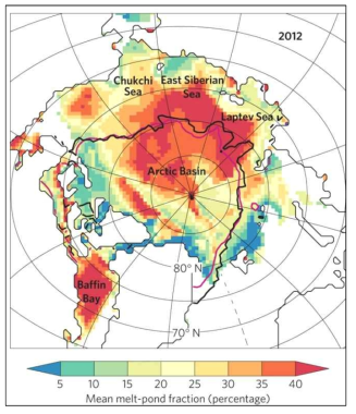 2012년 북극 melt pond fraction 분포도 (Schröder et al. (2014)의 Figure 2b)