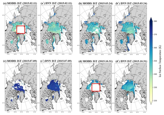 MODIS IST(a, b, c, d)와 DNN 기반 IST와(a’, b’, c’, d’)의 공간적 분포