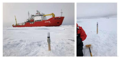 북극해 해빙에 이동 추적을 위한 트래커 설치 모습