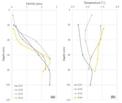 수집한 해빙 코어의 온도(a)와 염분(b)의 연직 분포
