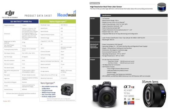 본 연구에서 사용된 무인기와 다중센서들의 스팩