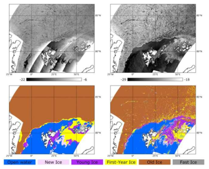 2019년 2월 5일의 Sentinel-1A/1B 모자이크 영상(왼쪽 위: HH편파, 오른쪽 위: HV편파)과 분석된 해빙 분류 지도 (오른쪽 아래), 그리고 주간 NIC 해빙 유형 지도 (왼쪽 아래)