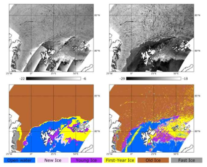 2019년 2월 8일의 Sentinel-1A/1B 모자이크 영상(왼쪽 위: HH편파, 오른쪽 위: HV편파)과 분석된 해빙 분류 지도 (오른쪽 아래), 그리고 주간 NIC 해빙 유형 지도 (왼쪽 아래)