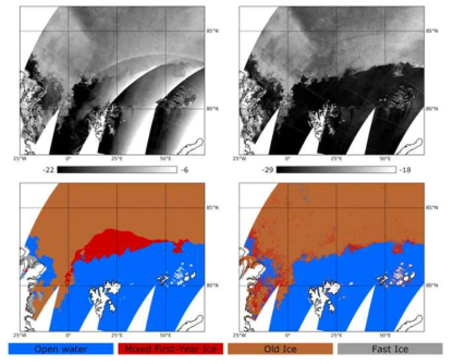 2018년 8월 13일의 Sentinel-1A/1B 모자이크 영상(왼쪽 위: HH편파, 오른쪽 위: HV편파)과 분석된 해빙 분류 지도 (오른쪽 아래), 그리고 주간 NIC 해빙 유형 지도 (왼쪽 아래)