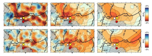 깊이(Top: depths of 250 km, Bottom: 600 km)에 따른 지진파 토모그래피 모델: 태평양과 인도양 사이에 독립적으로 존재하는 질란디아-남극 맨틀은 뉴질랜드-호주-남극이 하나로 이루어져 있었던 곤드와나 대륙의 break-up을 유발한 초대형 플룸에서 기원하였을 것으로 추정하며, 현재에도 상대적으로 온도가 높고 유동성이 크기 때문에 대륙의 rifting에 영향을 주는 것으로 생각됨 [Park et al., 2019, Nature Geoscience]