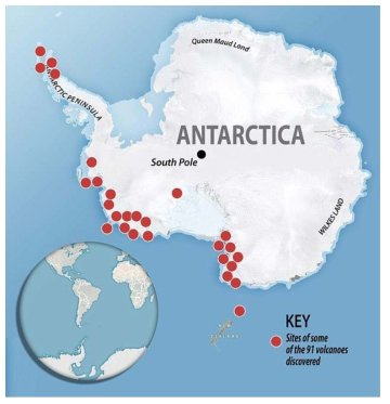 남극반도와 로스해주변에서 새롭게 발견된 91개의 빙저화산위치