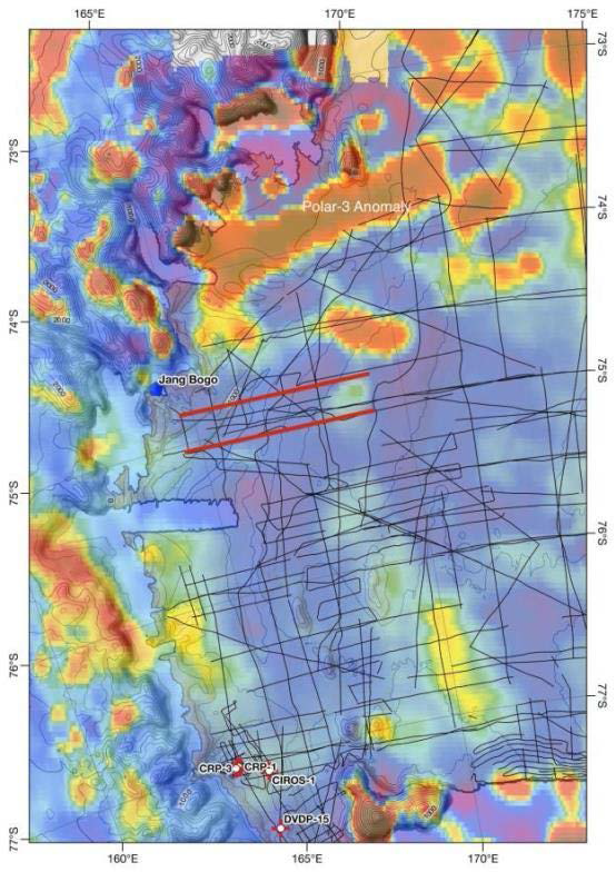 서부 로스해 Terror Rift 인근 광역 자기이상도[Maus et al., 2009]와 자력탐사계 획측선(빨간실선), SDLS에 등록된 다중채널 탄성파 측선(검은실선) 및 로스섬 인근 심부 퇴적물 시추지점(빨간십자)