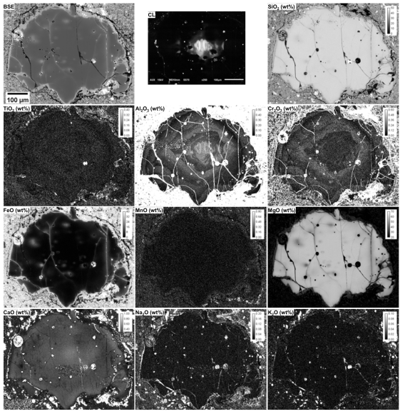 Type I 콘드률 감람석의 미량원소 분포. CL 이미지에서 미량원소 분포에 따른 intensity의 차이가 확연히 나타남. Al2O3 정량 맵에서 CL 이미지와 같은 구조를 확인