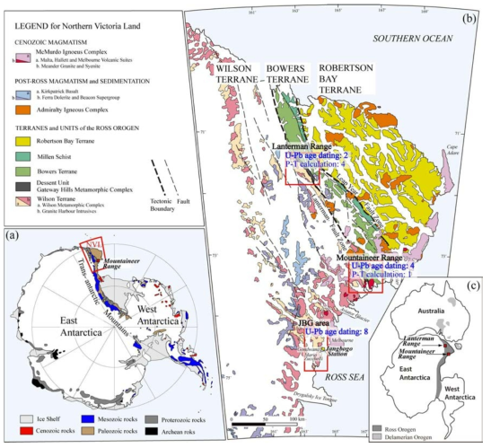 남극대륙과 북빅토리아랜드의 지질 및 북빅토리아랜드 지체구조. (a) 남극대륙의 지질, (b) 북빅토리아랜드 랜터만레인지, 마운트니어레인지, 장보고과학기지(JBG) 권역에서의 연대분석 및 변성 압력(P)-온도(T) 자료 KPDC 등록 실적. (c) 중생대말/신생대초 남극-호주 대륙 위치: 고생대 로스-델라머리안 조산대의 분포. [지질도 출처: Capponi et al., 1997, Yi et al., 2019a]