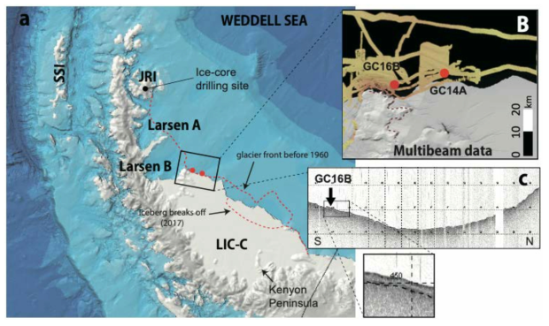 Map and location of coring sites. A) Insect, site map of core GC16B and GC14A (red circles); main map of Antarctic Peninsula, showing the outline of Larsen ice shelves from satellite imagery on the 1950s (a dotted red line)13 and an ice-core drilling site is indicated by a black circle on the James Ross Island. B) Seabed bathymetry (in metres) of insect map in Larsen C embayment6 and the evaluated grounding line (a dotted brown line). C) A sea-bottom profile along north to south shown in b. Enlargement of an insect profile shows 2- to 3-m-thick postglacial sediment