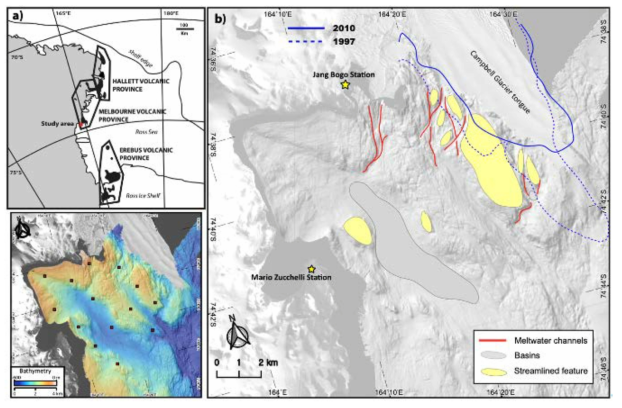 Multibeam swath bathymetry and geomorphology of the study area. a) The study area is included in the Melbourne Volcanic Province. b) The solid line is a boundary of CGT suggested by Han et al. (2013) [51]and the dotted line is suggested by Guglielmo et al. (2007) [52]