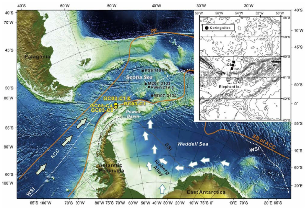 (a) Map of the study region indicating the locations of the sediment cores examined in this study as well as in previous investigations. The white open arrows indicate the location of iceberg alley (from Anderson and Andrew, 1999); the orange lines indicate the Polar Front (PF) and the Southern Boundary of the Antarctic Circumpolar Current (SBACC; Orsi et al., 1995); the dark gray and white dashed lines indicate the summer (SSI) and winter (WSI) sea ice extent, respectively (Gersonde et al., 2005); and the light green arrows indicate the ACC