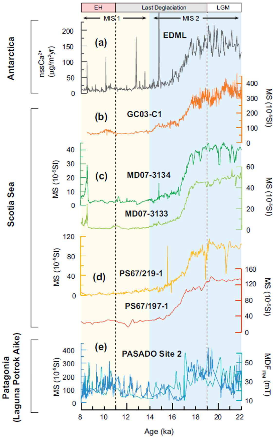 Comparison among Antarctic ice core dust record and MS records in the Scotia Sea and Patagonia. (a) Non-sea-salt Ca2+ (nssCa2+) flux of EDML ice core from Antarctica (Fischer et al., 2007); MS records of (b) GC03-C1 (Bak et al., 2010), (c) MD07-3134 and MD07-3133 (Weber et al., 2012), (d) PS67/219-1 and PS67/197-1 (Xiao et al., 2016) from the Scotia Sea; and (e) MS (dark blue) and median destructive field of IRM (MDFIRM; light blue) from PASADO Site 2 from Laguna Potrok Aike in Patagonia (Lis -Pronovost et al., 2015). (For interpretation of the references é to colour in this figure legend, the reader is referred to the web version of this article.)
