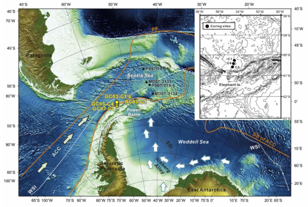 (a) Map of the study region indicating the locations of the sediment cores examined in this study as well as in previous investigations. The white open arrows indicate the location of iceberg alley (from Anderson and Andrew, 1999); the orange lines indicate the Polar Front (PF) and the Southern Boundary of the Antarctic Circumpolar Current (SBACC; Orsi et al., 1995); the dark gray and white dashed lines indicate the summer (SSI) and winter (WSI) sea ice extent, respectively (Gersonde et al., 2005); and the light green arrows indicate the ACC