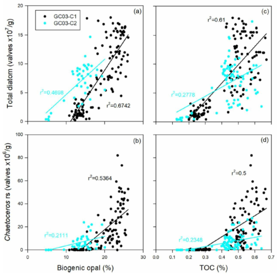 Correlations of biogenic opal concentration with (a) total diatom ﾠ abundance and (b) Chaetoceros resting spores and of TOC concentration with (c) total diatom abundance and (d) Chaetoceros resting spores for GC03-C1 (black) and GC03-C2 (cyan)