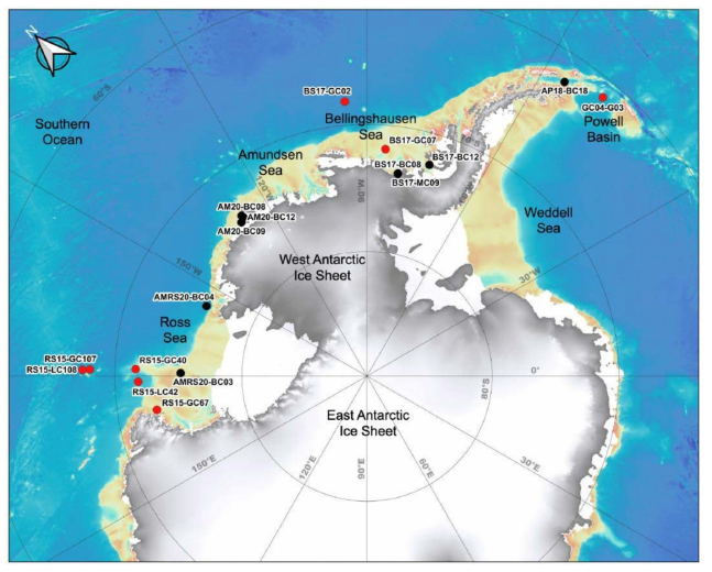 West Antarctic continental margin with core locations. Red dots are sites for 14C dating (see Table 2). Black dots are sites for box and multi core sediment surface images in Figures 4 and 5