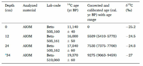 Radiocarbon dates from core BS17-GC01. AIOM: acid insoluble organic matter