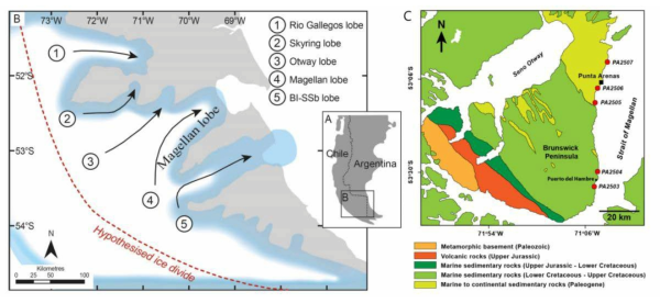 (A) Location of southern South America. (B) Stylized representation of the southernmost part of the former Patagonian Ice Sheet, highlighting the five former glacial lobes in southern South America (after Darvill et al., 2017). (C) Sampling sites and geological maps of the Punta Arenas area, southernmost Chile