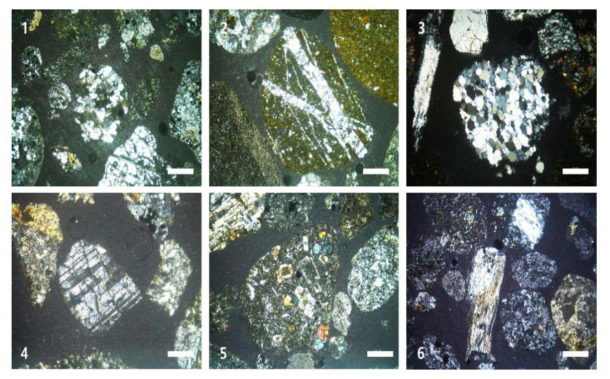 Examples of sand grain photomicrograph. 1. Plutonic rock fragment, 2. Altered volcanic rock fragment, 3. Polycrystalline quartz, 4. Feldspar (plagioclase), 5. Fresh volcanic rock fragment, and 6. Accessory mineral (center). Scale bar is 0.5 mm long