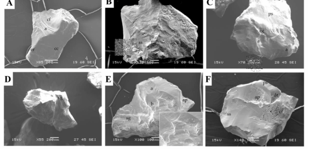 Selected SEM micrographs of grains from KGI, South Shetland Islands, W Antarctica showing typical morphological and mechanical textures. Most of the grains in this figure record multiple microtextures that are labeled