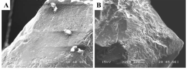 SEM micrographs showing preweathered grain modification by glacial stress. A) Preweathered grain surface was modified by glacial abrasion, followed by generation of V-shaped percussion cracks (PA-2507-4-1). B) Arcuate steps, parallel steps, and flat surface developed on preweathered grain (04-01-11-1)