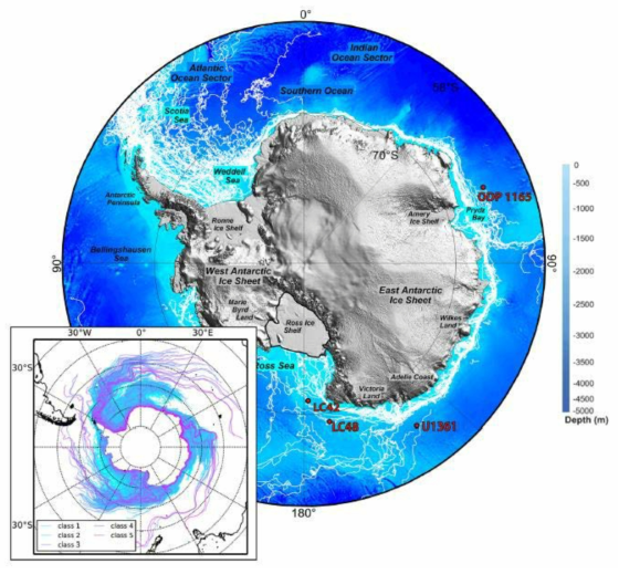 Map of the Antarctic continent and offshore bathymetry showing sites in this study. White lines around the Antarctic continent depict modern iceberg (>5 km 2) tracks between 1999 and 2009 (Stuart & Long, 2011). Topography and bathymetry derived from the ETOPO1 global relief model (Amante & Eakins, 2009). Insert: 12 years simulation of modeled trajectories of small (class 1 = 1,000 km 2 surface area) icebergs (from: Rackow et al., 2017)