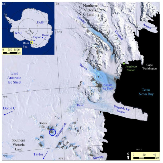 연구지역 인근의 Landsat Mosaic 위성지도. Hollingsworth 빙하는 David 빙하의 남쪽 상류 지역으로, 현재는 노출된 Ricker Hills와 Benson Knob 봉우리를 과거에 덮고 있었다