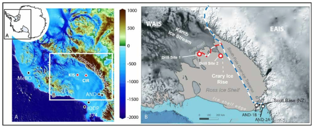 Proposed SWAIS 2C drill sites at Kamb Ice Stream (KIS) and Crary Ice Rise (CIR). (A) Topographic/bathymetric map across West Antarctica (color scale in meters). Other key drill sites include MeBO, ANDRILL (AND-1B and -2A), and IODP Exp. 374 sites (Fretwell et al., 2013). (B) Detail of the Ross Ice Shelf showing the South Pole Over-Ice Traverse and routes to drill sites 1 (KIS) and 2 (CIR). The new sites would anchor the southern end of a drill site transect deeply within West Antarctica