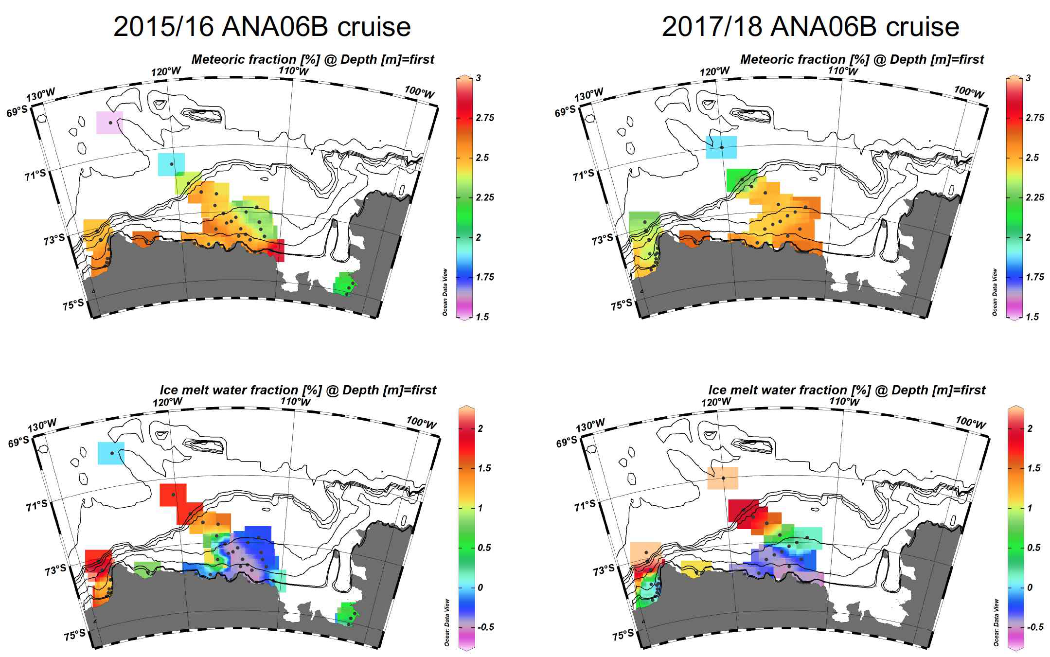 Spatial distributions of meteoric water and sea ice melt water fractions observed during the 2015/16 ANA06B and 2017/18 ANA08B cruises