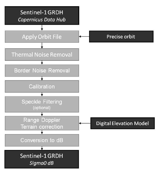 Sentinel-1 GRD preprocessing workflow (Filipponi, 2019)