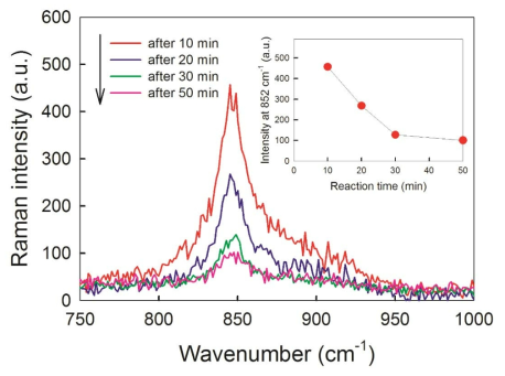 Raman spectra measured in the ice grain boundary region of a frozen solution containing Cr(VI) and I−. Experimental conditions: [Cr(VI)] = 1 mM, [I−] = 1 mM, pH = 3.0, and freezing temperature = 0 → −20 °C at a rate of −1.5 °C/min. Reaction time is defined as the time after the temperature of the microscope stage has reached –20 °C