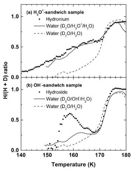 (a) HDRs of hydronium (black circles) and water (solid line) measured on the surface of a “hydronium-sandwich” ASW film, in which H3O+ and Cl– (produced by ionization of HCl) are initially trapped between the bottom H2O layer and the top D2O layer [D2O (~30 ML)/H+ + Cl–/H2O (≥110 ML)/Pt(111)]. The virtually identical HDRs for hydronium and water above ~150 K indicate efficient H/D exchange due to proton transfer. The broken line indicates the HDR of water molecules measured on the surface of a pure ASW film [D2O (~30 ML)/H2O (≥110 ML)/Pt(111)], where the H/D exchange reaction is not catalyzed by hydronium. (b) HDRs for hydroxide (black circle) and water (solid line) on the surface of a hydroxide-sandwich ASW film [D2O (~30 ML)/OH– + Na+/H2O (≥110 ML)/Pt(111)]. The HDR of hydroxide is significantly higher than that of water at 154–168 K owing to molecular hydroxide diffusion. The sample temperature was increased at a rate of 0.5 K s−1. The surface populations and isotopomeric compositions of hydroniums and hydroxides were measured by means of low-energy sputtering (LES). In this technique, ions present at the ice surface are desorbed by the collisions of Cs+ projectiles with the surface at low energy and the desorbed ions are detected by a mass spectrometer.9 The collision energy is controlled to be only slightly above the desorption threshold of the ions to minimize molecular fragmentation and suppress secondary ion emission. The isotopomeric composition of water molecules was measured by means of temperature-programmed desorption (TPD). Reproduced with permission from ref. 93. Copyright 2014 American Chemical Society