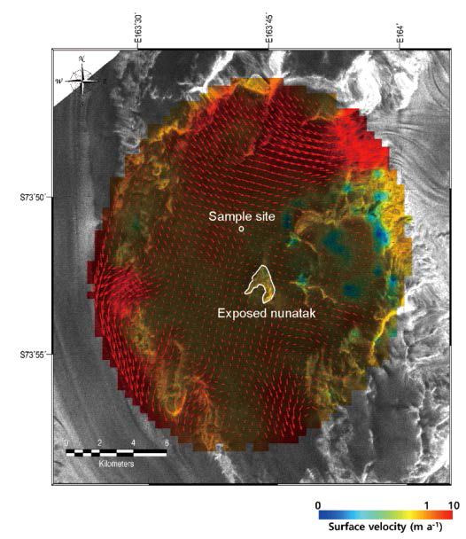 Ice surface velocity and flow direction (red arrows) around the drilling site, derived from satellite radar interferometry data [39]. The background is Sentinel-1 synthetic aperture radar image acquired on June 17, 2017