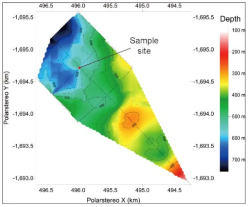 Ground-penetrating radar (GPR) data plotted using the program Surfer. The GPR data were acquired using a MALÅ Rough Terrain Antenna (RTA) system. The control unit linked to global positioning system (GPS) receiver measured signals with 25 MHz center frequency, 4.4 m transmitter-receiver separation, 1 trace s−1 record, 13,000 ns time window, and 8 stacks. The raw data were post-processed by background removal, gain, and Kirchhoff migrationusing the program Reflexw. The radio wave velocity was employed as 0.20 m ns−1 for snow (0–20 m depth), 0.19 m ns−1 for firn (20–50 m depth), and 0.17 m ns−1 for ice (>50 m depth) [46]