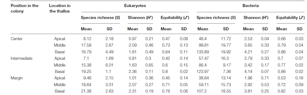 Diversity indices of eukaryotic and bacterial communities according to the position