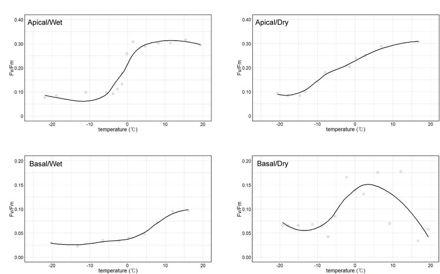 Temperature-response curves of maximum photochemical quantum yield of PS II (Fv/Fm). Apical parts in wet (A) and dry (B) air conditions and basal parts in wet (C) and dry (D) air conditions