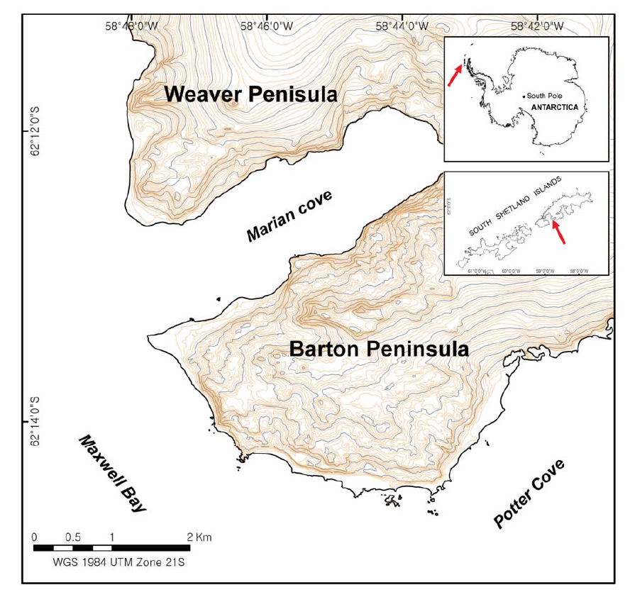 Location and geographic map of Barton Peninsula in King George Island, the largest of the South Shetland Islands