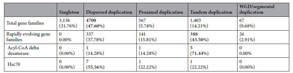 Gene duplication in the P. steinenii genome. Proportions according to origins of the duplicate gene categories are shown in parentheses and the highest result in each row is indicated in bold