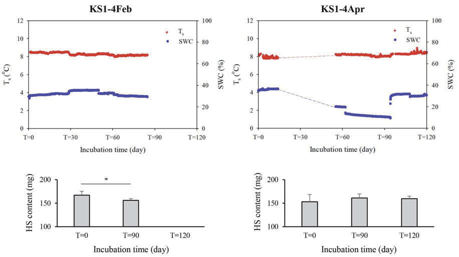 (A) Temporal variation of soil temperature (Ts) and soil water content (SWC) during microcosm incubation of KS1-4Feb and KS1-4Apr (Note: Ts and SWC for KS1-4Apr soil were not recorded for days 14–54 due to a power failure.), and (B) Changes in humic substances (HS) content. * indicates significant differences (p < 0.05) between the treatments based on a one-way analysis of variance. Each error bar represents one standard deviation of five extraction replicates