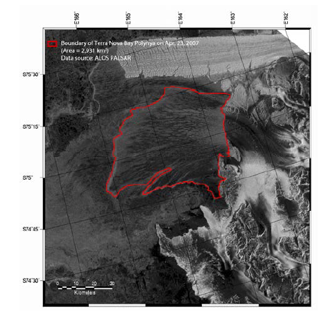 2007년 4월 23일 ALOS PALSAR 영상을 사용하여 관측한 폴리냐 면적