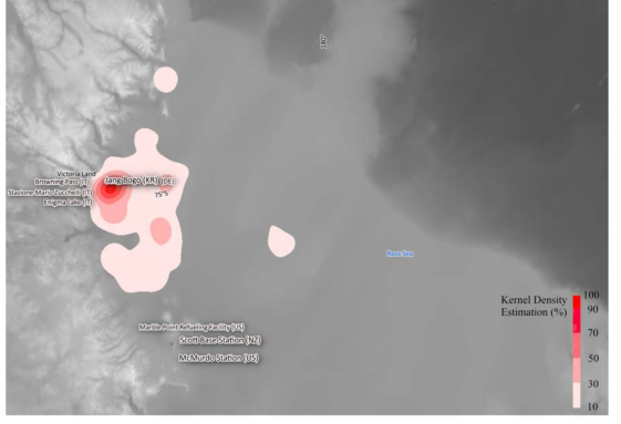 테라노바만 앞 웨델물범의 주요 잠수지역을 커넬밀도 추정(Kernel Density Estimation)으로 표시한 지도