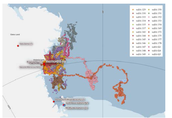 2021년 2월~6월까지 획득된 해양포유류 CTD 관측 위치 및 이동경로 지도
