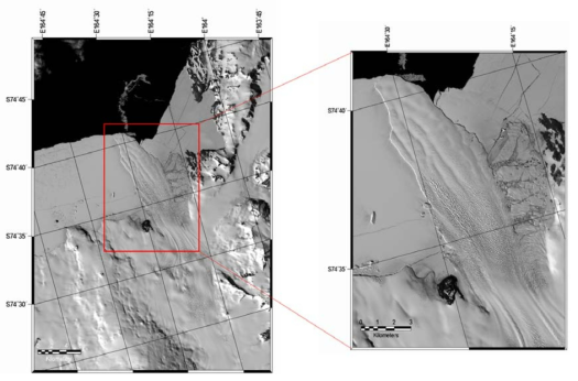 캠벨 빙하에 대한 2014년 12월 22일의 Landsat-8 OLI 전정색 영상 (15 m 공간해상도). 빙하의 가장자리와 표면 크레바스가 잘 관찰됨